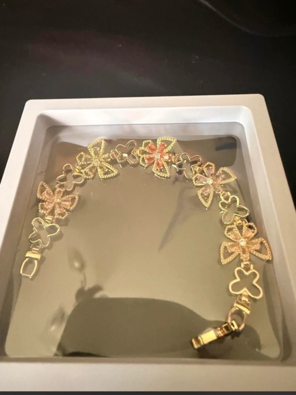 Gold Floral-Link Bracelet with Pink Accents